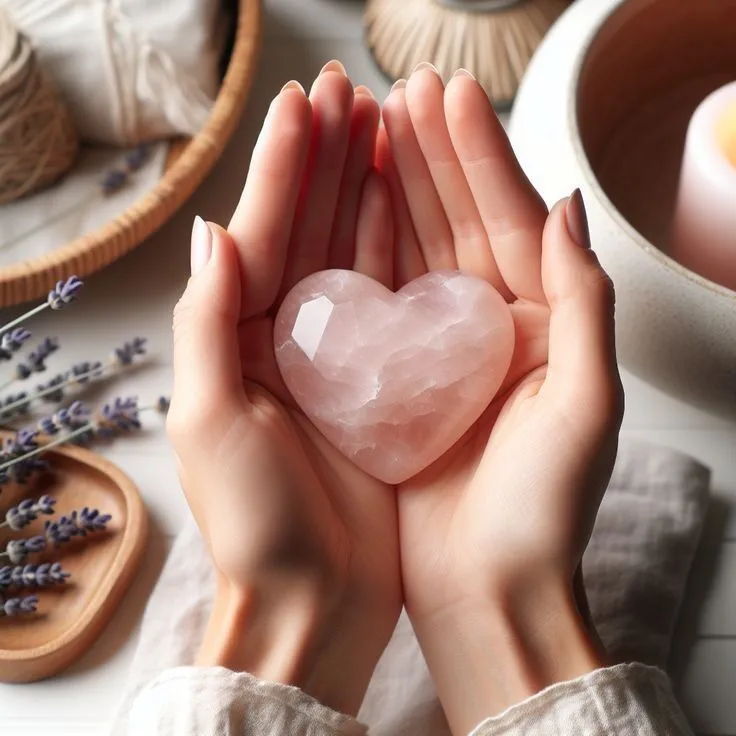 A smooth rose quartz crystal held gently in cupped hands against a soft background