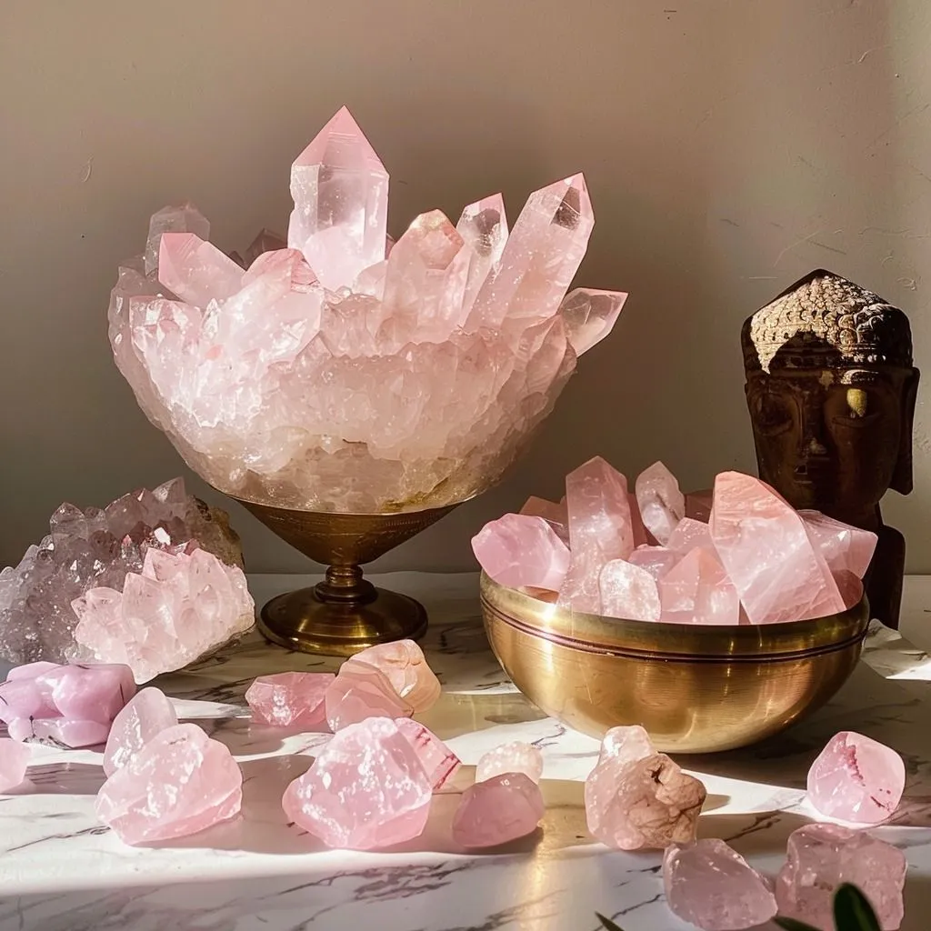 Rose quartz crystals placed in different home spaces for harmonious energy flow