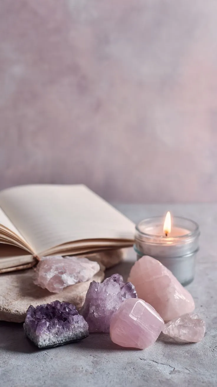 Rose quartz paired with clear quartz and amethyst crystals in harmonious arrangement