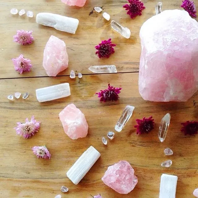 Rose quartz crystal grid arranged for love and self-love intention work