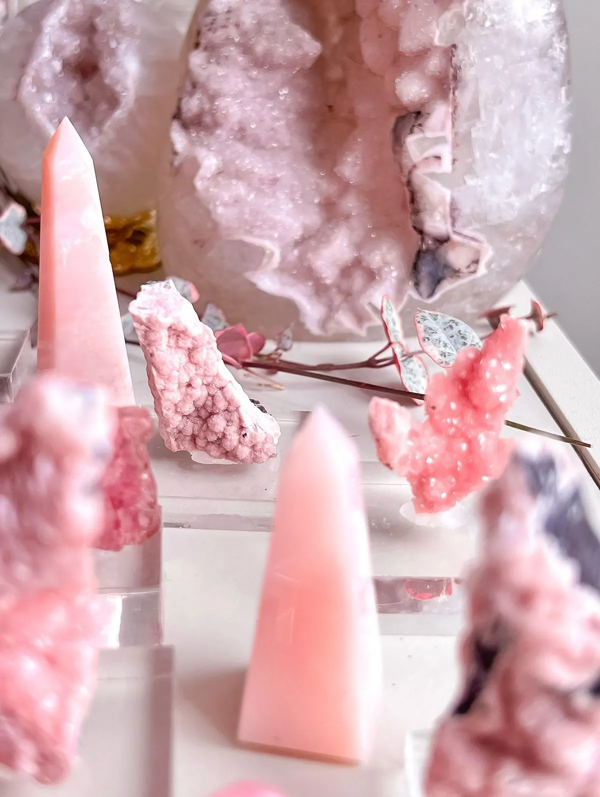 Rose quartz crystal being cleansed in natural sunlight