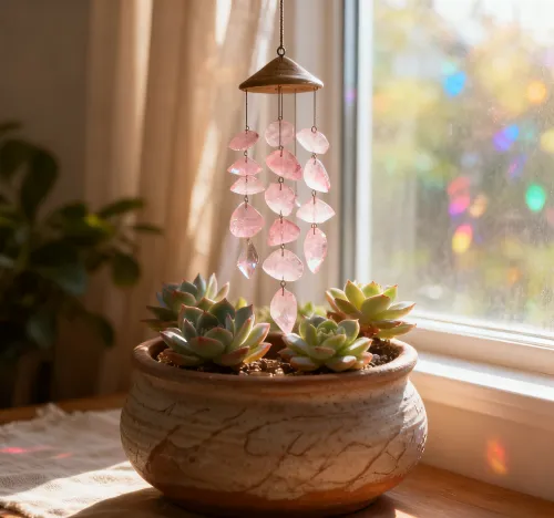 Clean, luminous rose quartz crystal glowing in natural light