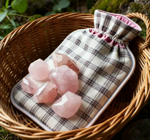 Close-up of a fir tree branch layered with clusters of rose quartz ornaments