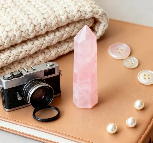 Close-up of a polished rose quartz pendant being gently wiped with a soft cloth
