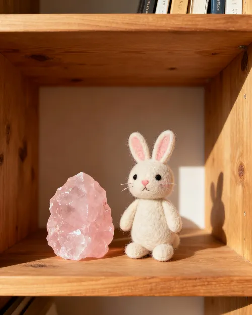 Close-up of clear silicone adhesive holding rose quartz securely on wood