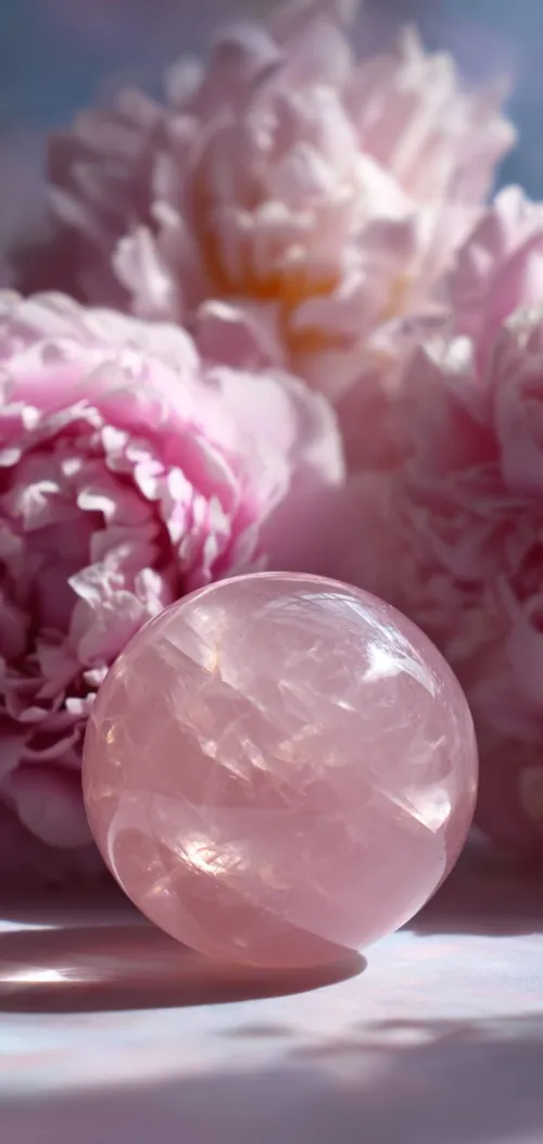Close-up of hands gently cupping water over rose quartz pieces, suggesting cleansing.