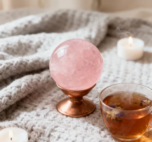 Rose quartz roller resting beside skincare products