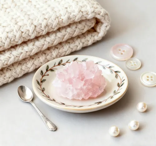 Satin ribbons complementing rose quartz texture